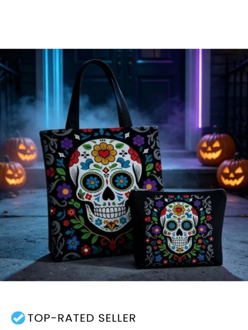 2Pc Canvas Tote & Cosmetic Bag Set Skull Flower Goth Halloween Accessories